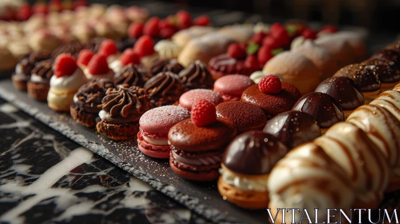 Exquisite French Pastries: Macarons, Eclairs, Cream Puffs on Black Slate Plate