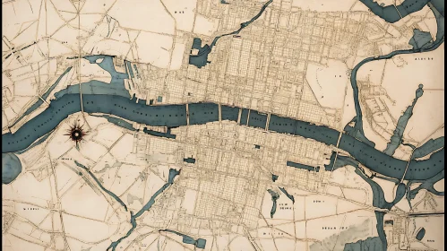 Vintage Map of a Riverine City