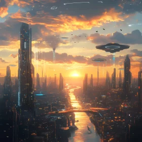 Sunset Over a Futuristic Urban Skyline with River