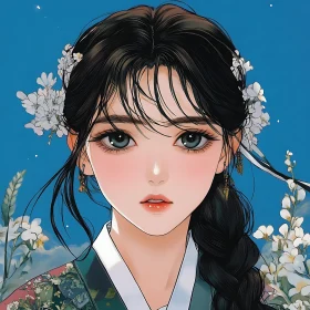Anime Girl with Flower Adorned Hair and Blue Eyes