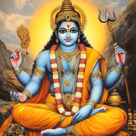 Divine Blue-Skinned Deity with Trident and Conch