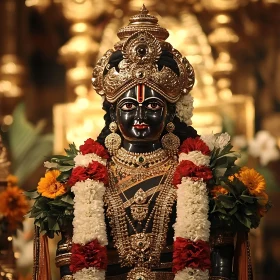 Ornate Hindu Deity Sculpture with Golden Adornments and Flowers