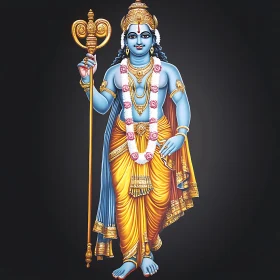 Sacred Hindu God with Blue Skin and Golden Jewelry