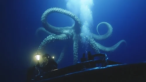 Giant Kraken Encounter in Deep Ocean with Diver