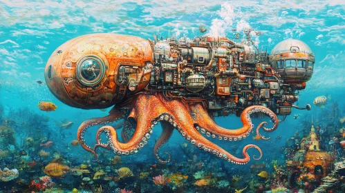 Steampunk Octopus Submarine in Underwater Fantasy