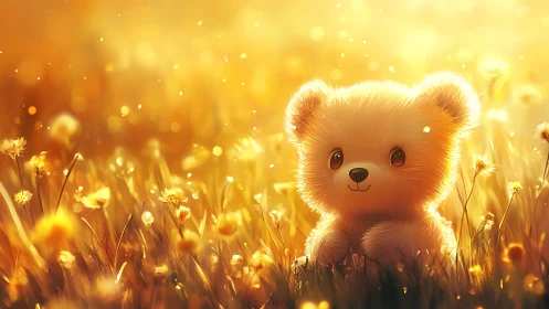 Golden meadow teddy bear under dreamy sunset glow.