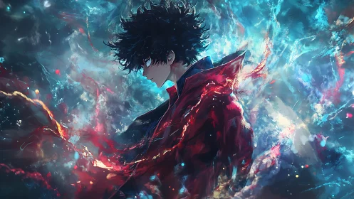 Backlit anime figure immersed in turbulent, spectral energy field