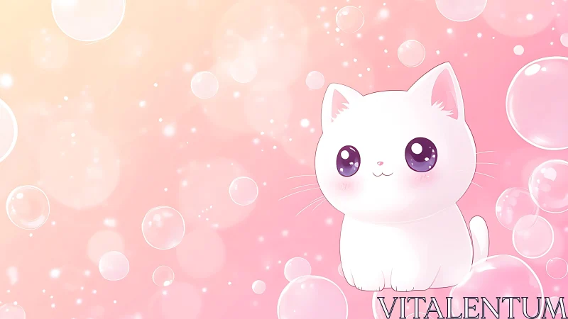 Cute White Kitten with Purple Eyes Against Soft Pink Bubble Background