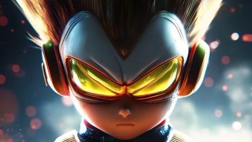 Neon-eyed chibi warrior ignites with cosmic battle focus.