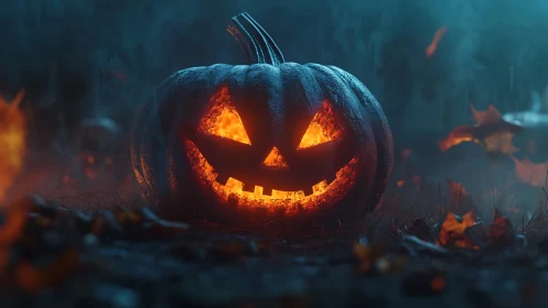 Cinematic jack-o’-lantern with fiery core in misty night field.