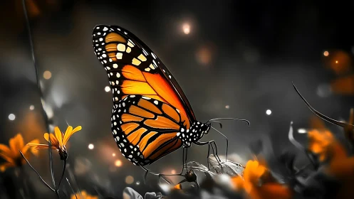 Monarch butterfly rests on flower amid desaturated background