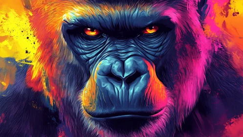 Neon storm gorilla gazes through molten jungle colors.
