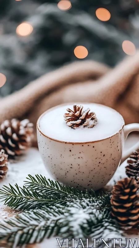Winter latte daydream cradles pinecone foam and snowfall glow.