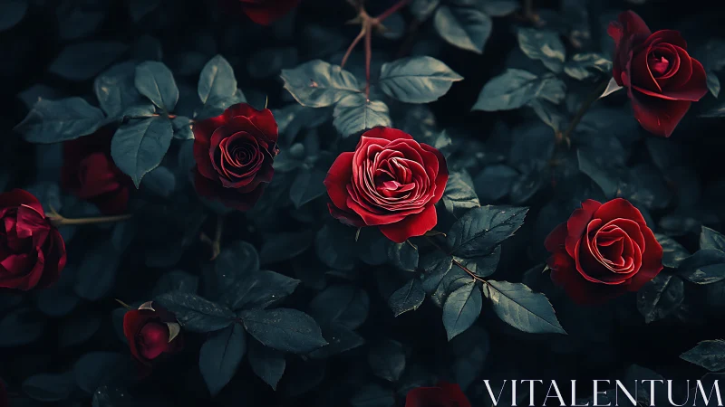 Deep Crimson Blooms Whisper Against Moody Shadows.