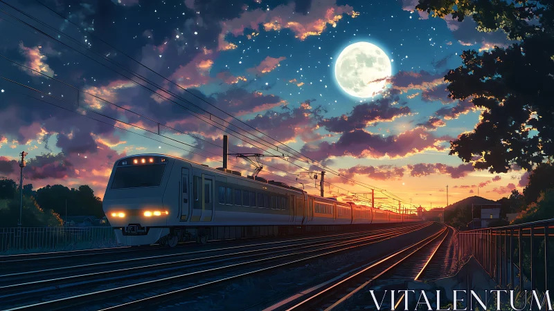 Express train passes rural tracks under glowing full moon