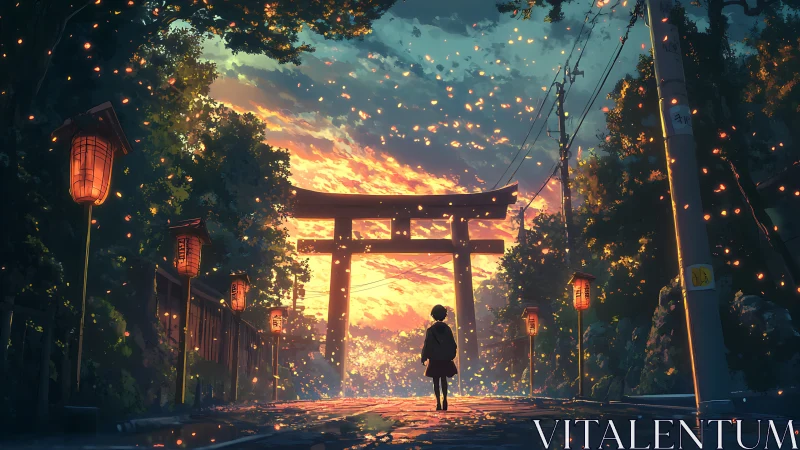 Twilight approach to shrine torii under emberlit sky.