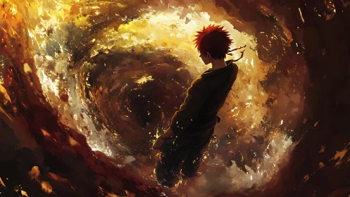 Whirlwind embers cradle a lone hero on the brink of dawn