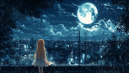 Luminous moonlit megacity viewed by solitary girl observer.