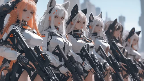 Fox-eared android vanguard in gleaming sci-fi parade formation.