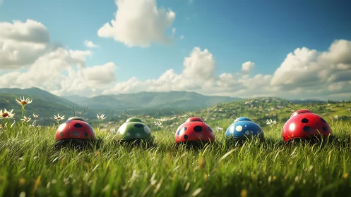 Colorful toy ladybugs sit on grassy hill facing distant valley