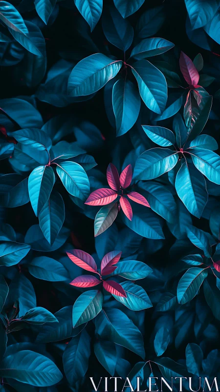 Nocturnal cyan leaves cradle glowing magenta forest sparks.