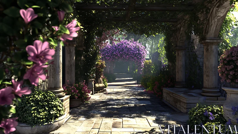 Sunlit floral pergola corridor with stone columns and vines.
