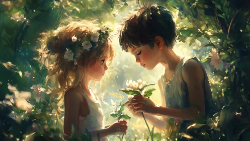 Two Children Share Flowers in Enchanted Garden Light