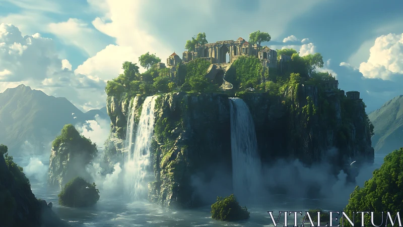 Clifftop Castle with Waterfalls and Mountains