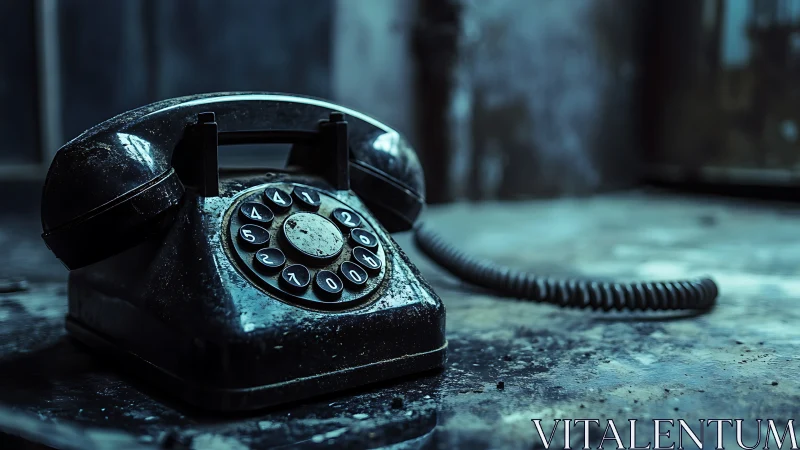 Dust-covered rotary desk telephone in moody blue light