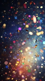 Radiant falling confetti particles create dynamic festive bokeh field