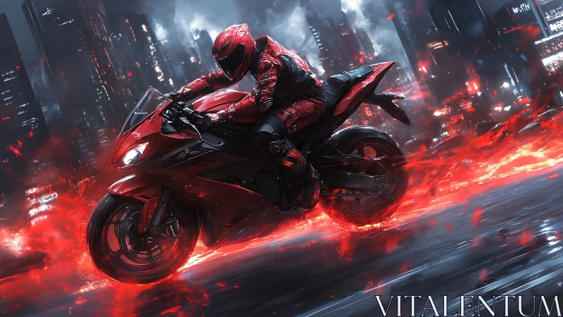 Red sport motorcycle racing through neon city at night.