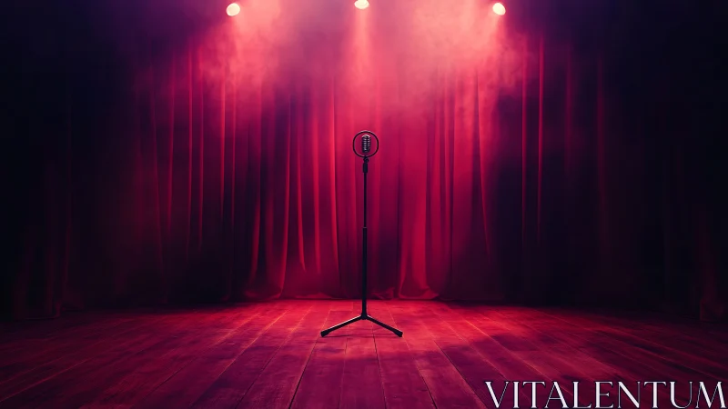 Vintage microphone on empty red stage under spotlights.