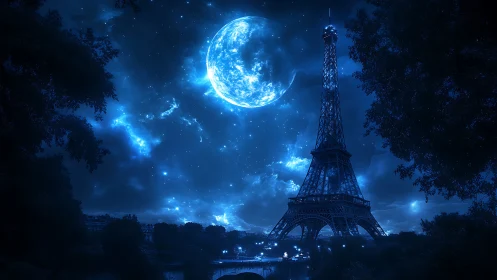 Eiffel Tower under colossal blue moon in luminous Parisian night.
