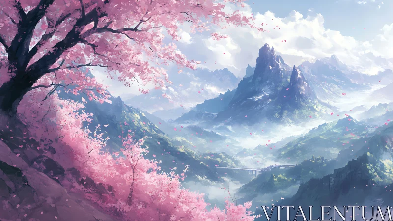 Cherry blossom valley overlooks misty blue mountain peaks