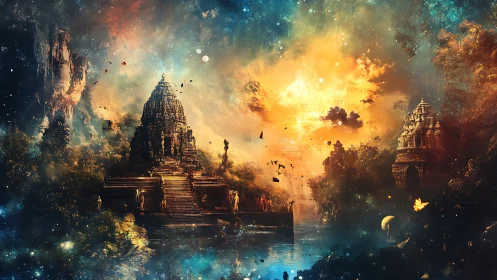 Starlit temple sanctuary glowing beneath a cosmic sky.
