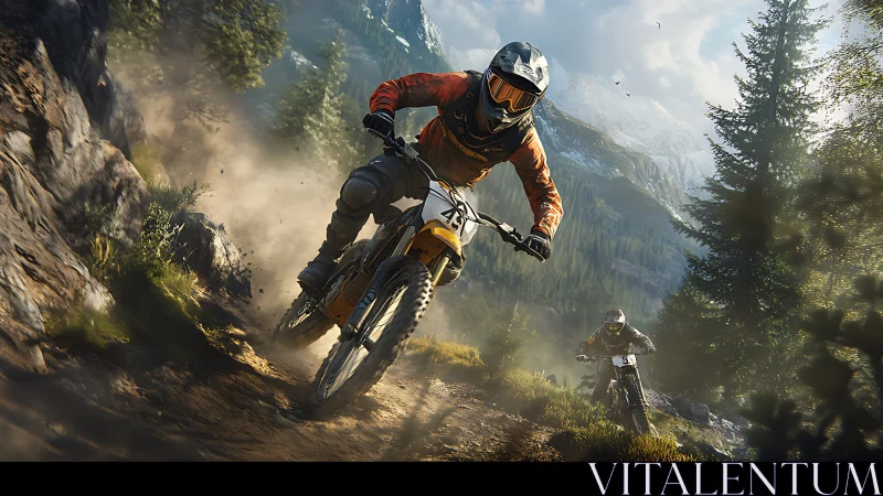 Mountain dirt bike riders on steep forest trail descending.