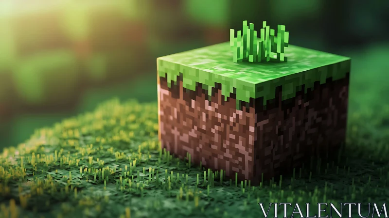 Pixelated grass block in stylized digital landscape scene.