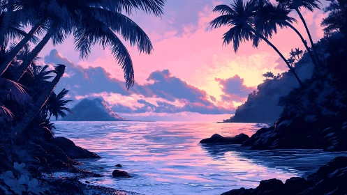 Neon dusk tropical coastline renders stylized high-contrast lighting
