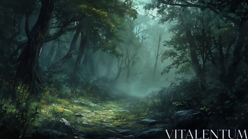 Misty Forest Path Through Ancient Trees