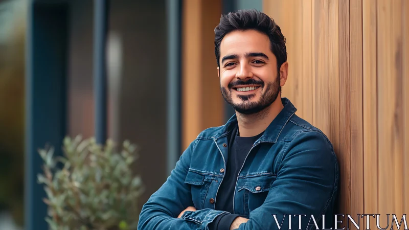 Sunlit urban smile leaning easy against warm wood walls.