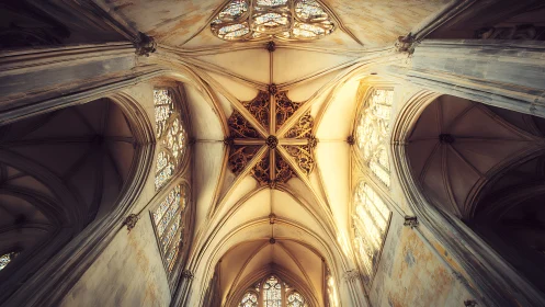 Gothic vaulted church ceiling shows rib structure and tracery