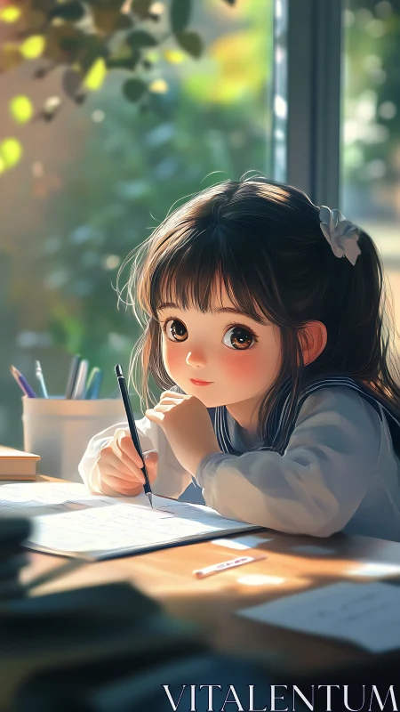 Anime schoolgirl studying at sunlit desk by window.