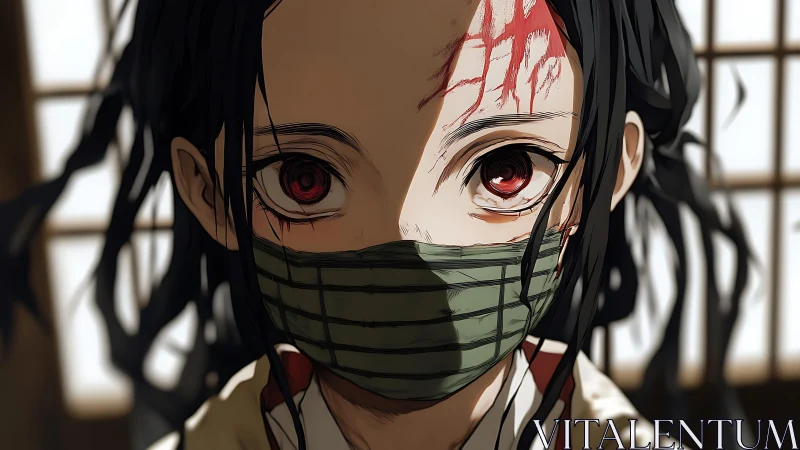 Masked anime girl with bloodstained forehead in sharp focus.