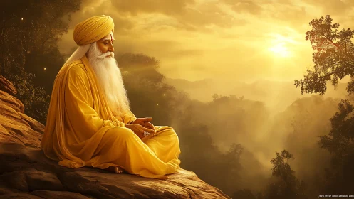 Elderly sage in yellow robes meditating at golden sunset.