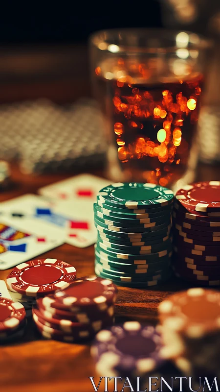 Poker chips and drink on wooden casino tabletop.