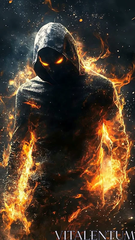 Hooded ember spirit striding through swirling firestorm.