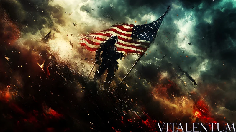 Lone soldier raises U.S. flag amid stormy battlefield fire