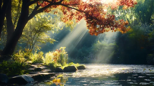 Serene Sunlit Pond with Autumn Leaves in Tranquil Nature Scene.