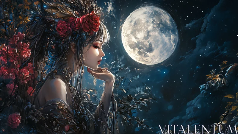 Moonlit flower crowned dreamer in a quiet, starry night.
