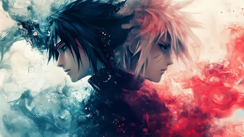Dual anime portraits with opposing blue and red color fields.